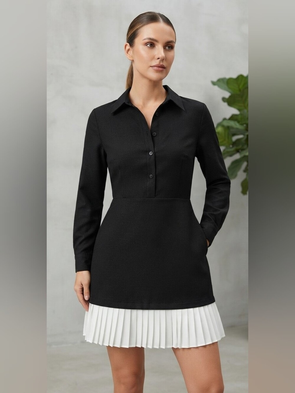 NWT RIHOAS Black Long Sleeve Collared Dress W White Pleated Hem